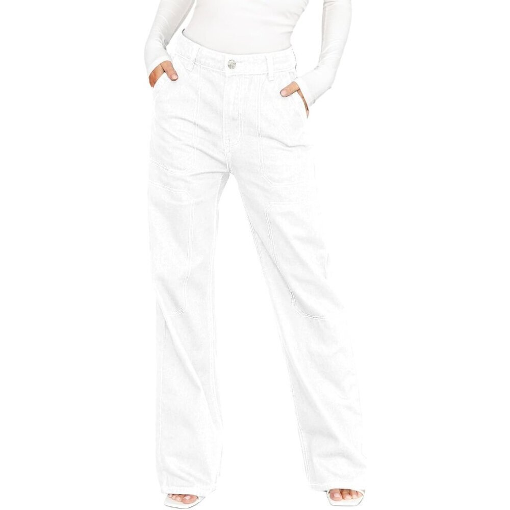 Women's White Casual Mid Waist Stretch Button Wide Leg Denim Cargo Pants